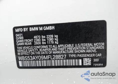2021 BMW M3 Sedan z USA, uszkodzony, nr VIN WBS53AY09MFL28827